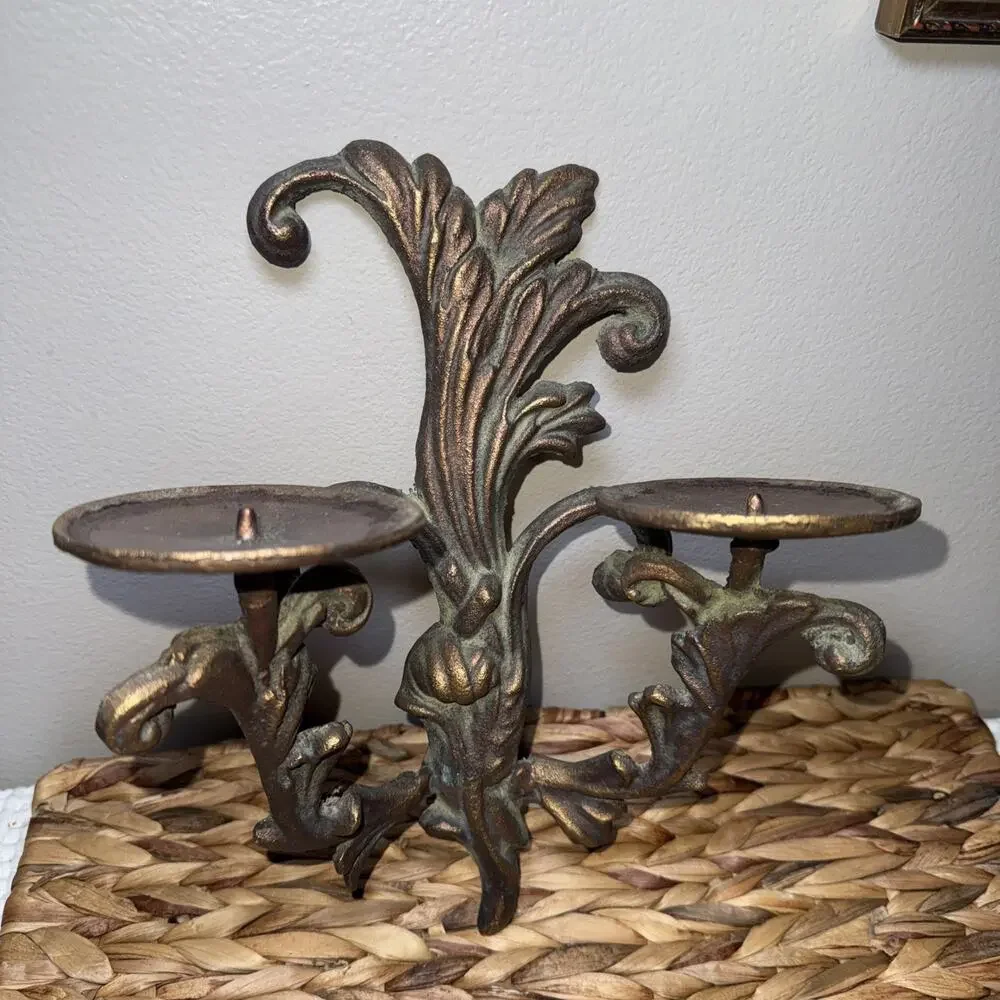 Vintage Cast Iron Double Candle Wall Sconce Acanthus Leaf Spanish Revival Decor